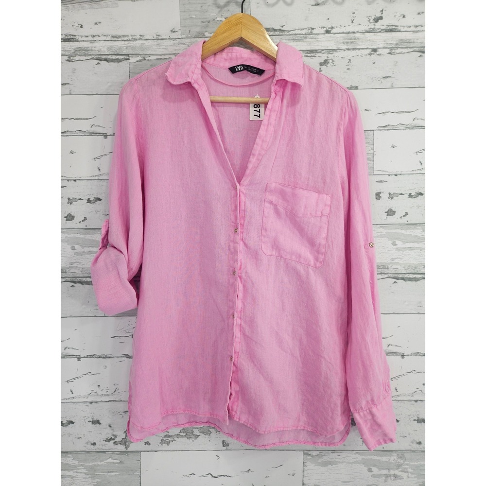 Zara Pink 100% Linen Button Down Roll Tab Sleeve Shirt Women Large Made in Spain